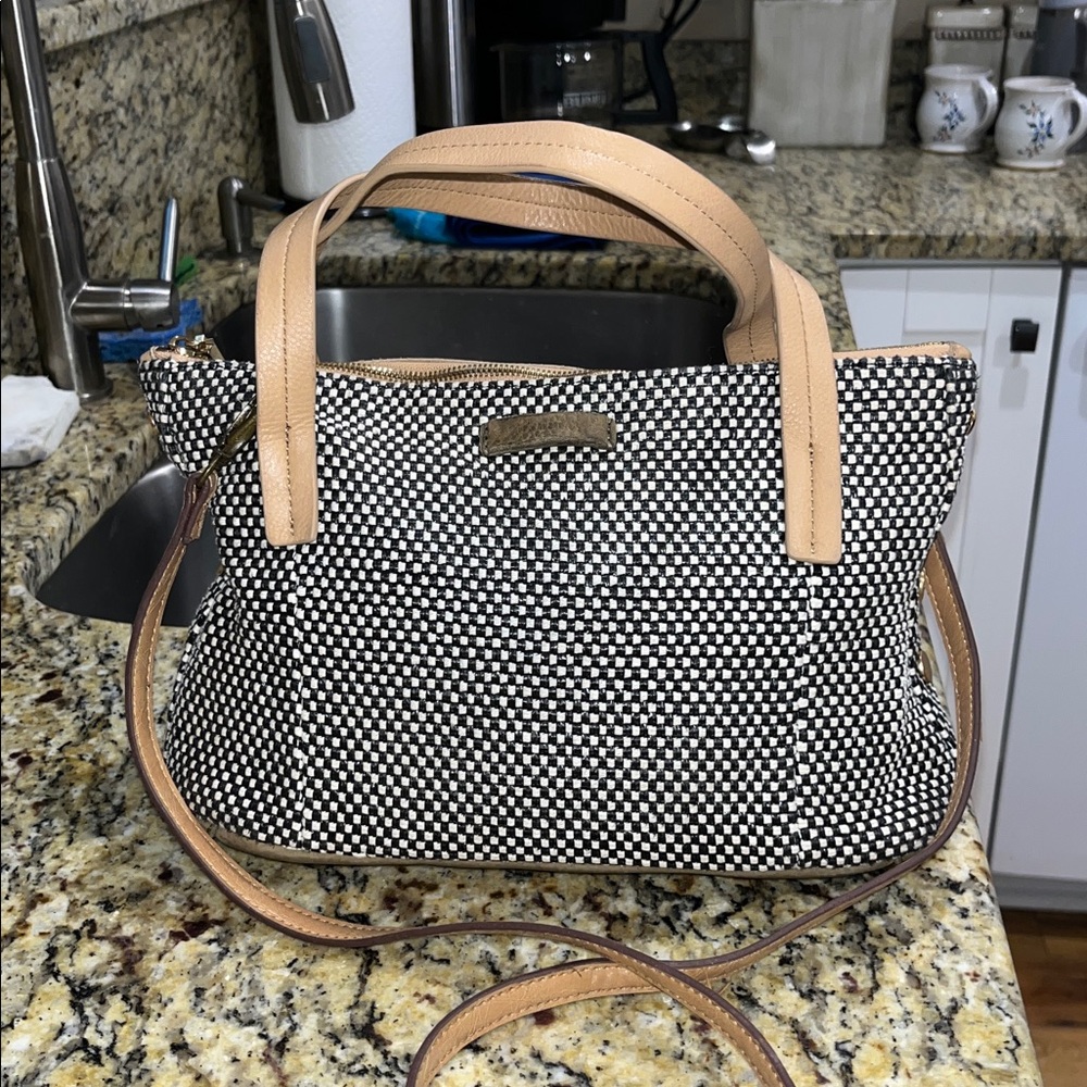 Hammitt Black & White Woven purse with Tan Leather Handles